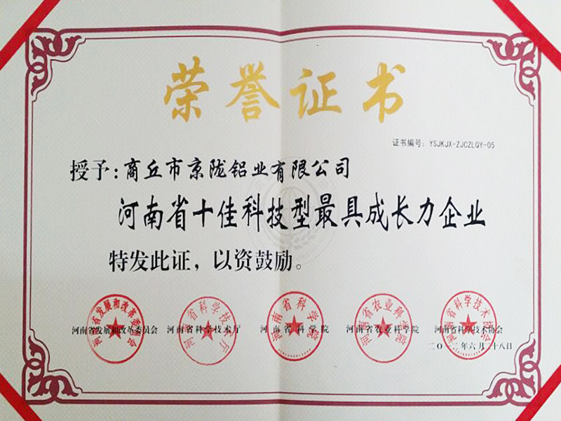 河南省十佳科技型最具成長力企業榮譽證書